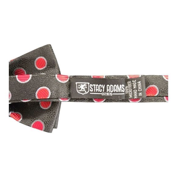STACY ADAMS BLACK RED GRAY POLKA DOT FASHION BOXED BOW TIE & POCKET SQUARE SET. - Picture 3 of 5